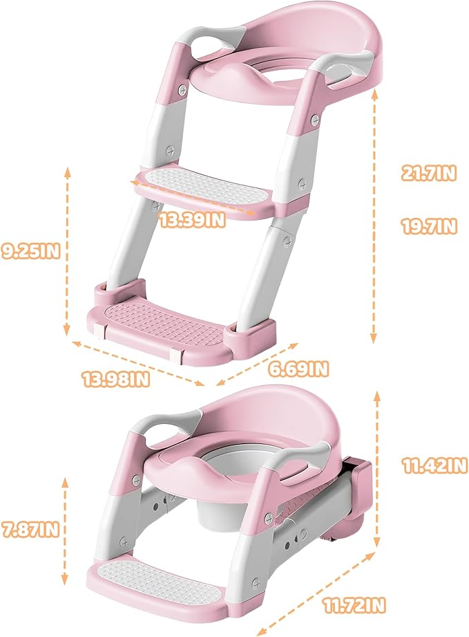 3-in-1 Potty Training Seat & Training Toilet & Potty Chair, Height AdjustableToddler Toilet Seat for Kids, Foldable Potty Training Toilet with Splash Guard & Anti-Slip Steps (Pink)