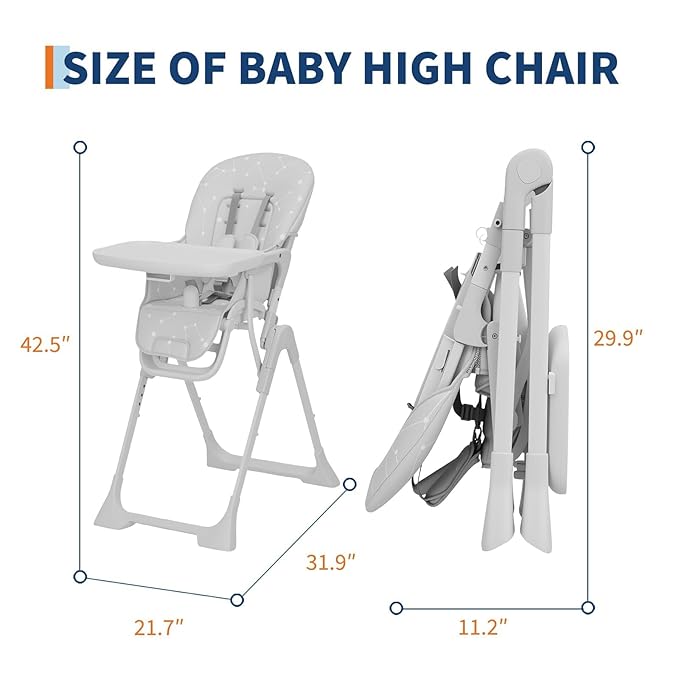 Baby High Chair, Foldable Feeding Chairs for Babies and Toddlers, Adjustable Height/Backrest/Footrest, Removable Tray, Fast Folding Gray