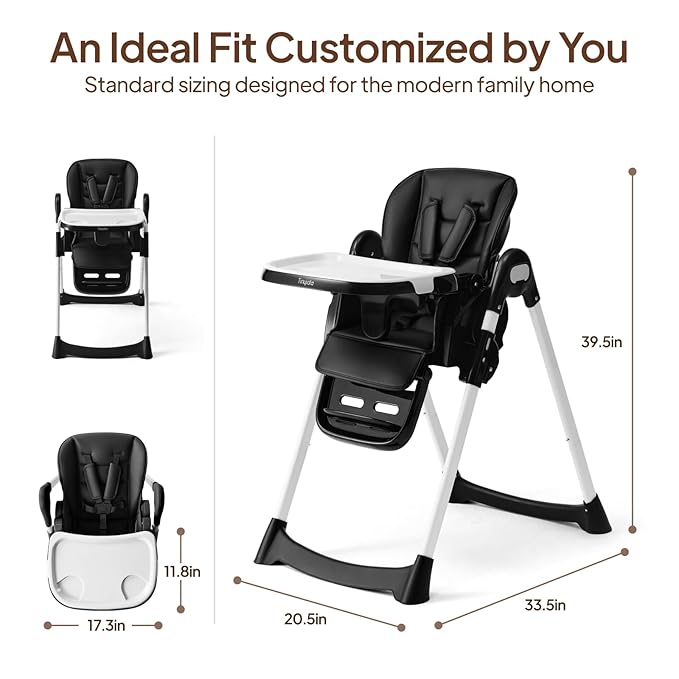 Tinyiota 4 in 1 High Chair for Babies and Toddlers with Wheels, 8-Height Adjustable & 3-Position Recline, Easy Clean, Dishwasher Removable Tray, Foldable HighChair for Infant, Meets ASTM Safety, Black