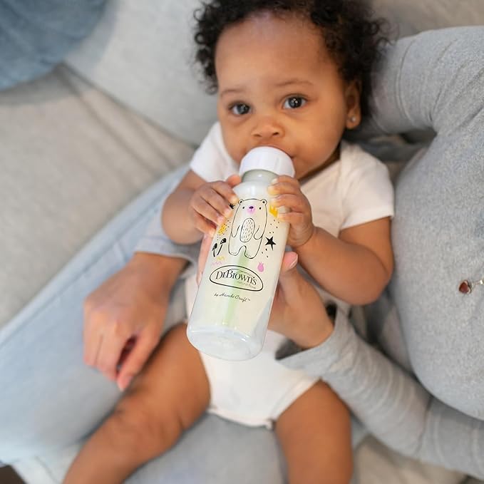 Dr. Brown's Natural Flow Anti-Colic Options+ Narrow Baby Bottle, 8 oz/250 mL, with Level 1 Slow Flow Nipple, BPA Free, 0m+, Squirrel, Goat, Bear, Owl, 4-Pack