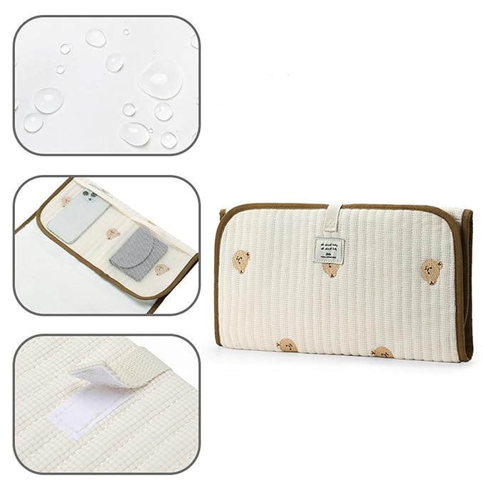 Portable Baby Changing Pad Foldable & Water Proofing Mat Built-in Mesh Pocket for Newborns and Parents During Travel (Bear)