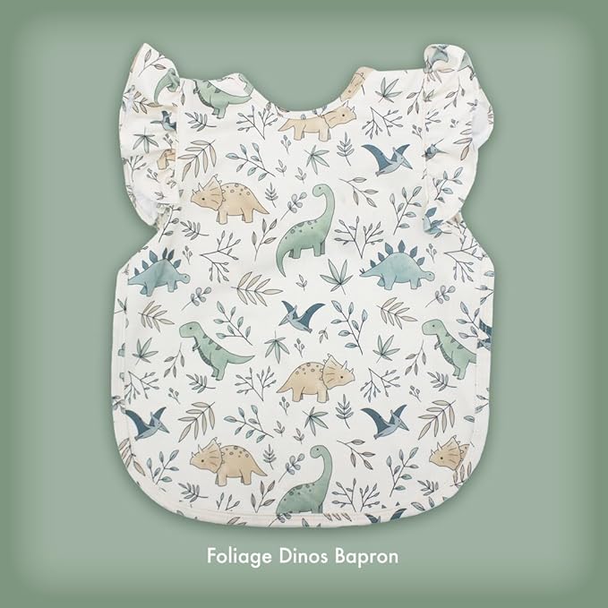 BapronBaby Flutter Foliage Dinos Bapron - No Neck Tie Safer Bib for Baby & Toddler - Soft Waterproof Stain Resistant - Machine Washable - Sz Preschool 3-5yrs