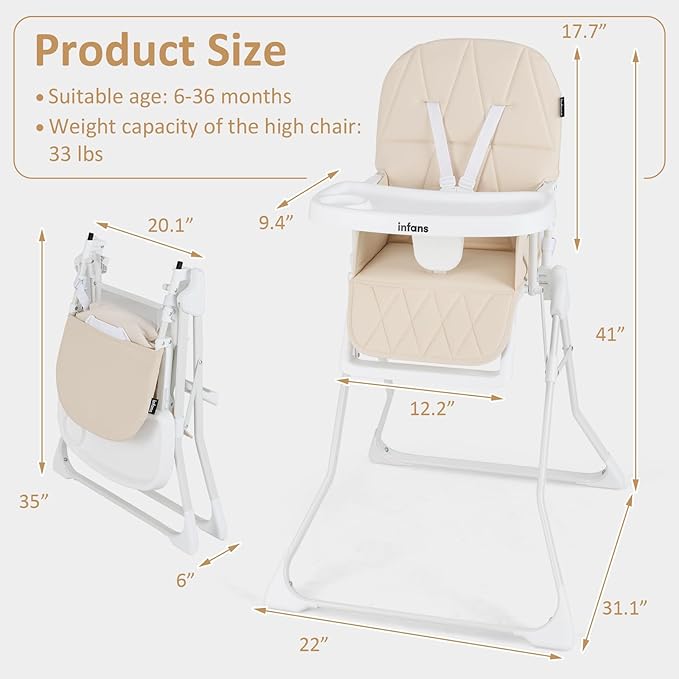 INFANS Baby High Chair, Quick Folding Portable Highchair for Babies and Toddlers with Adjustable Footrest Removable Dishwasher Tray PU Seat, Compact Highchairs for Baby Age 6-36 Months