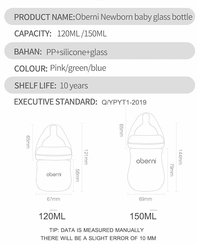 Oberni Glass Baby Bottles,Anti Colic Breastfeeding Bottle with Natural Response Nipple Size S,Wide Neck Slow Flow Baby Bottle for Baby,Newborn,Preemie 0-3 0-6 Month,BPA Free (Pink, 5 Ounce,3 Pack)