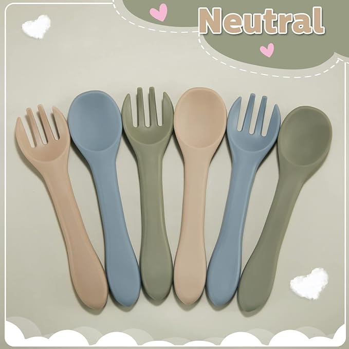 Nuenen 6 Pieces Silicone Baby Feeding Forks and Spoons Set Hot Safety First Stage Self Feeding Supplies Mini Kids Utensils for over 6 Months Babies Boy Girl Toddlers First Foods (Neutral Color)