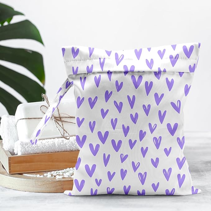 Waterproof Cloth Diaper Wet Dry Bag Reusable Travel Beach Pool Daycare Soiled Toddler Items Yoga Gym Bag for Swimsuits Wet Clothes Bags - Purple Heart Pattern