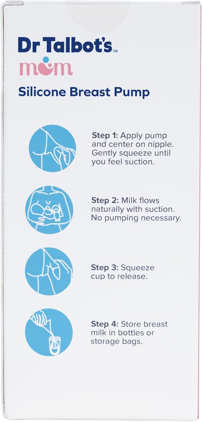 Dr. Talbot's Mom Silicone Breast Pump - 4 oz - Hands-Free, Noise-Free, Leak-Resistant Manual Suction Pump - Natural Silicone Cup, Ball Stopper & Suction Base - Breast Milk Collector for Breastfeeding