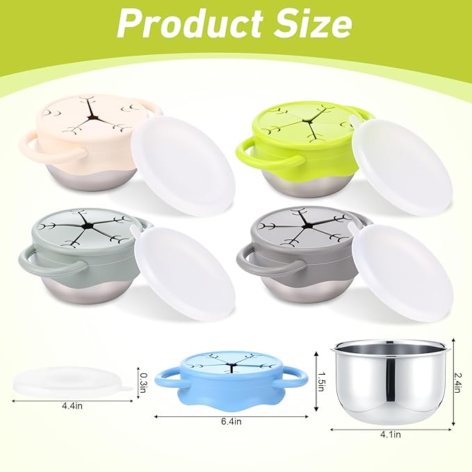 4 Pcs 13 oz Stainless Steel Snack Cups Spill Proof, 3 in 1 Baby Snack Containers Removable Silicone Food Catcher Travel Lid Food Catcher for Baby Toddler Kids, Dishwasher Safe (Morandi Color)