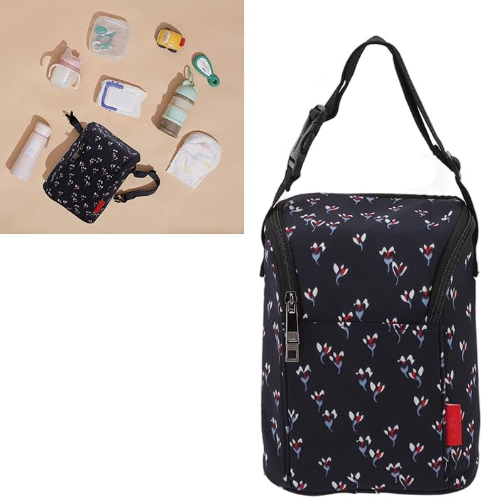 Marhynchus Nylon Baby Bottle Thermal Bag Portable Waterproof Storage Tote Pouch for Outdoor (Floral Black)