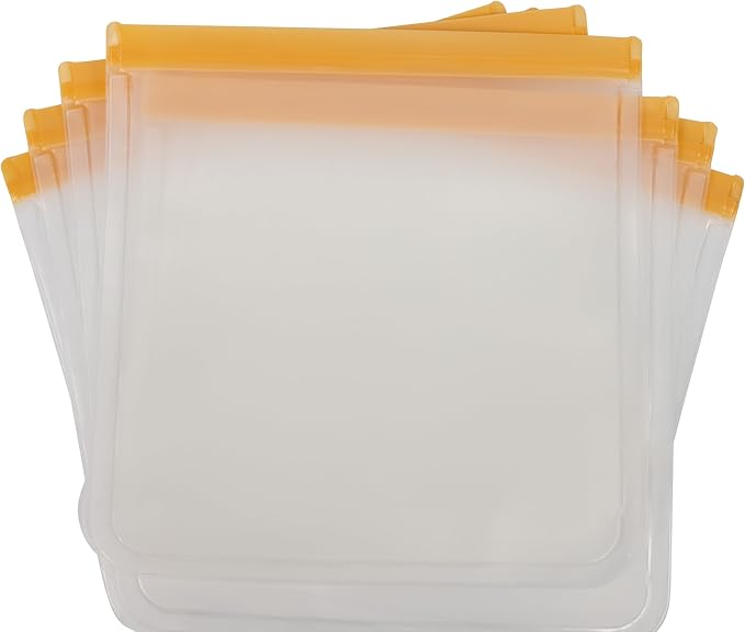 Reusable Freezer Bags Large (7ct, 1 Gallon, Orange), Airtight Seal, Easy-Clean Similar to Silicone Snack Bags, Transparent Design