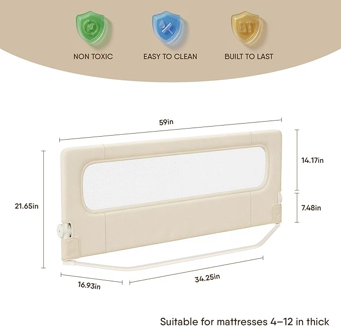 Folding Bed Rail for Toddlers, Baby Bed Rail Guard with Reinforced Anchor Safety System, Toddler Bed Rails for King Size Beds, Twin, Full, Queen (Khaki, 59" L x 21.6" H)