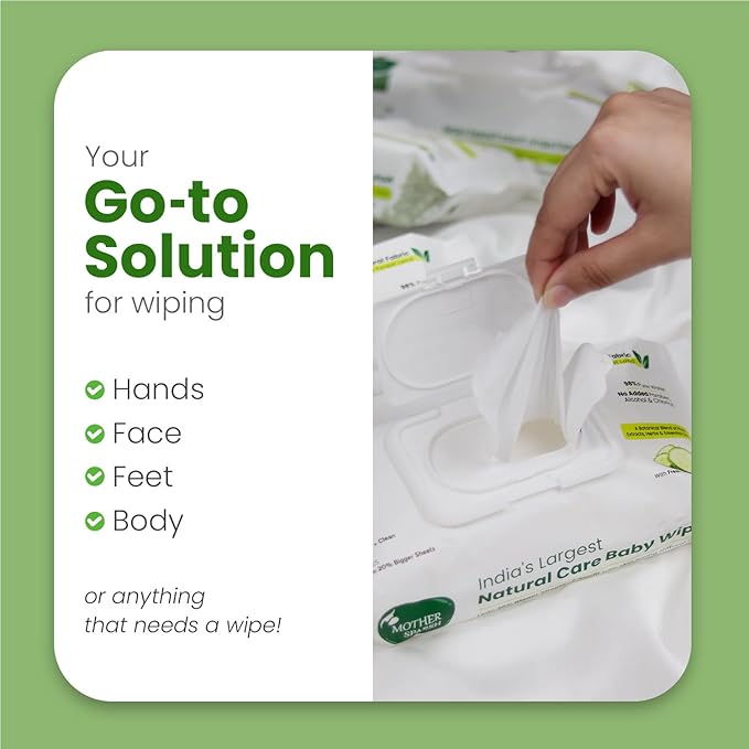 Mother Sparsh Natural Care Baby Wipes I 100% Plant Made Fabric From Forest Land, Fresh + Cleanse (with Cucumber) Plant Powered Wet Wipes For Baby I Cotton Cloth Like Bigger Sheets