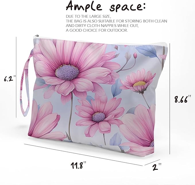 Fokongna Floral Print Wet Bag, Small Portable Waterproof Multi-Functional Organizer for Women, Blush Pink Large Daisy, Ideal for Daily, Beach & Travel