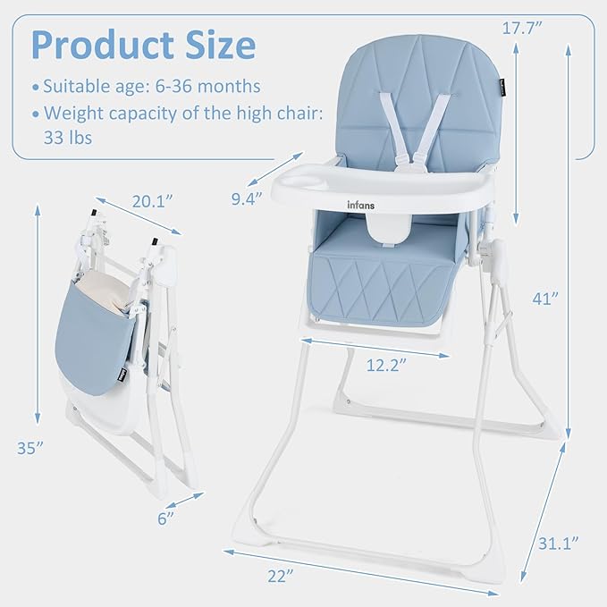 INFANS Baby High Chair, Quick Folding Portable Highchair for Babies and Toddlers with Adjustable Footrest Removable Dishwasher Tray PU Seat, Compact Highchairs for Baby Age 6-36 Months