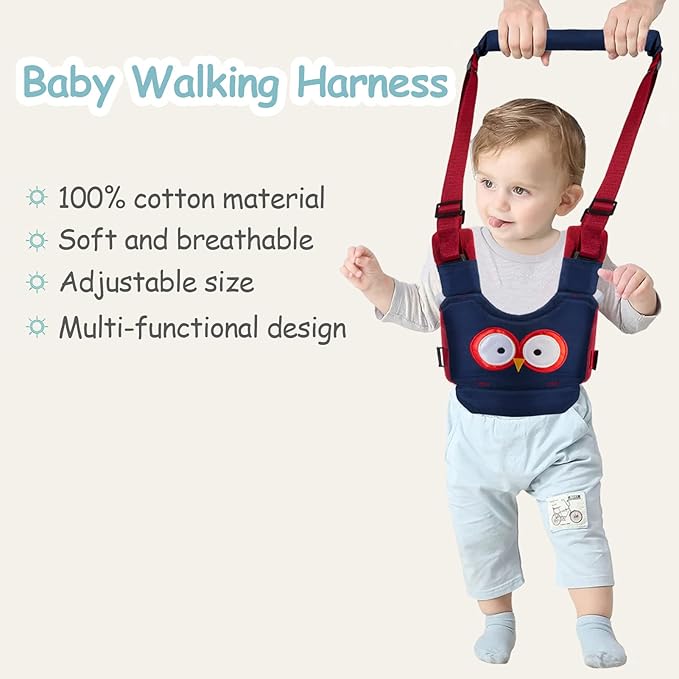 Baby Walking Harness Handheld Baby Walker Assistant Belt Adjustable Toddler Infant Harnesses Standing Up Walking Learning Helper with Detachable Crotch for 9-24 Month (DarkBlue Owl)