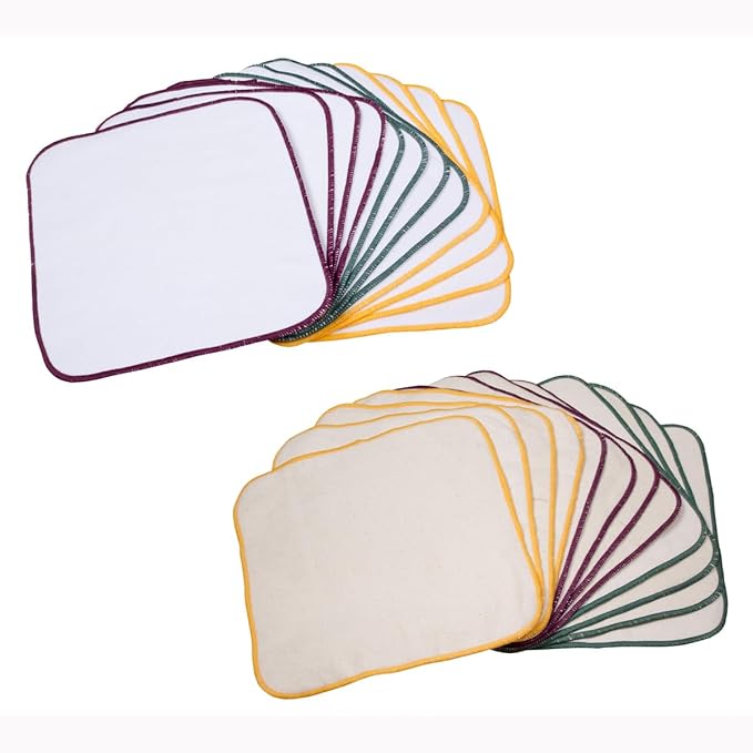 OsoCozy Terry Flannel Baby Wipes. Two Layered. Terry Velour on a Flannel Backing. Bleached White Color, 100% Cotton. 3 Attractive Stitching Colors Per Pack - 12 per Pack.