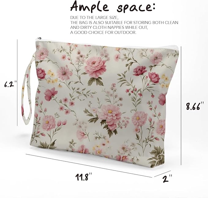 Fokongna Floral Print Wet Bag, Small Portable Waterproof Multi-Functional Organizer for Women, Cream Background Pink Floral, Ideal for Daily, Beach & Travel