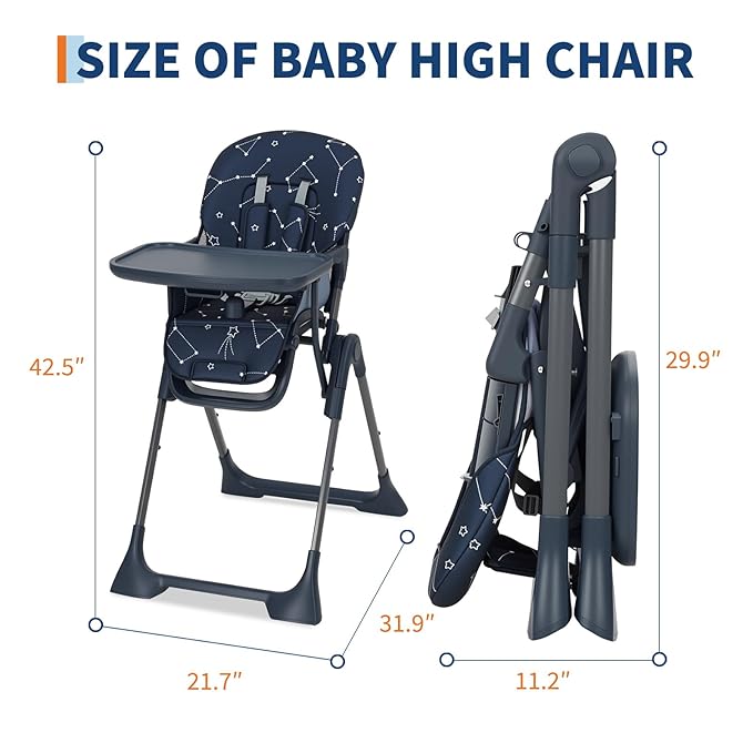 GarveeHome Baby High Chair, Foldable Feeding Chairs for Babies and Toddlers, Adjustable Height/Backrest/Footrest, Removable Tray, Fast Folding Blue