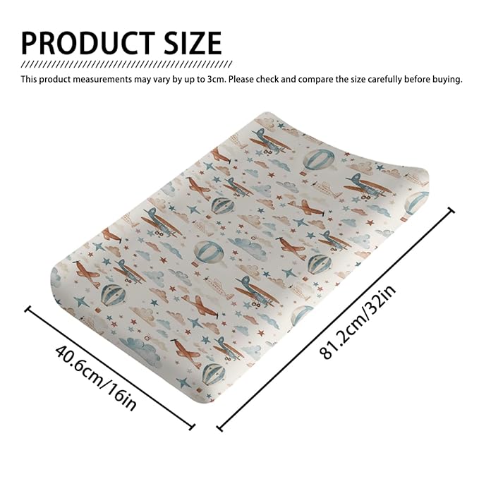 Watercolor Planes Stars Cloud Hot Air Balloon Pattern Baby Changing Pad Cover, Unisex Plane Nursery Diaper Changing Table Pad Mat Sheet for Boys Girls-16x32