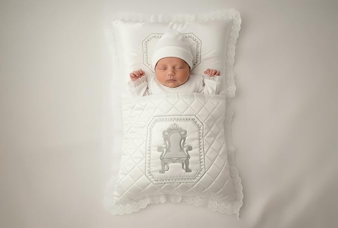 Satin Bris Pillow Case (Puya) – White and Silver Quilted Brit Milah Pillow Cover with Embroidery and Protector – 26" x 17"
