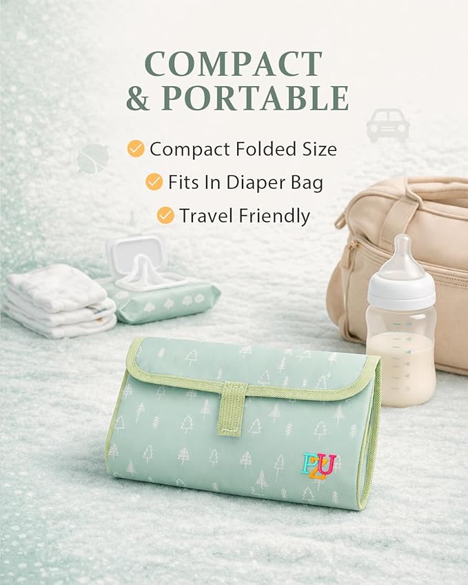PZU Portable Diaper Changing Pad - Waterproof Travel Changing Mat with Built-in Pillow, Gifts for Baby Shower, Newborn Girls & Boys(Green Forest)