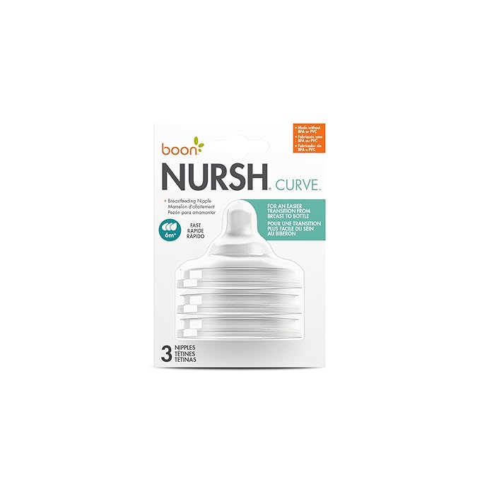 Boon Nursh Curve Silicone Baby Bottle Nipples - Food-Grade Silicone Bottle Nipples - Fast Flow Nipples for Baby Bottles - Baby Bottle-Feeding Supplies - 3 Count