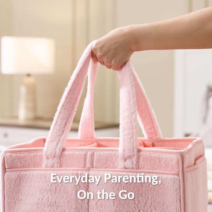 luxury little Soft Baby Diaper Caddy Organizer, Nursery Storage Basket with Removable Divider, Portable Baby Diapers Basket, Gifts for New Parent, Baby Shower (Light Pink)