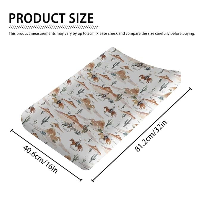 Watercolor Western Cactus Horse Mountain Baby Changing Pad Cover, Unisex Western Theme Nursery Diaper Changing Table Pad Mat Sheet for Boys Girls-16x32