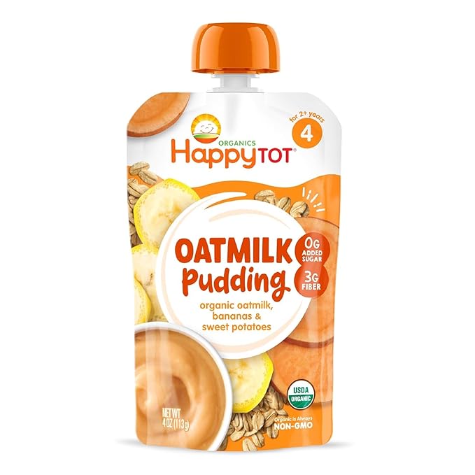 HAPPYTOT Organics Oatmilk Pudding, Dairy-Free, Stage 4 Toddler Snack, Oatmilk, Bananas & Blueberries, 4 Ounce Pouch, Pack of 16
