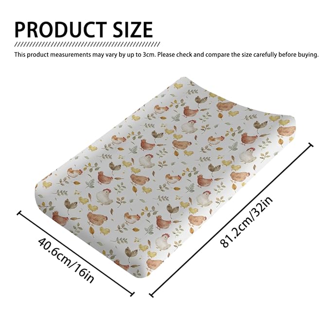 Watercolor Cute Farm Animals Chicken Baby Changing Pad Cover, Unisex Chicken Nursery Diaper Changing Table Pad Mat Sheet for Boys Girls-16x32