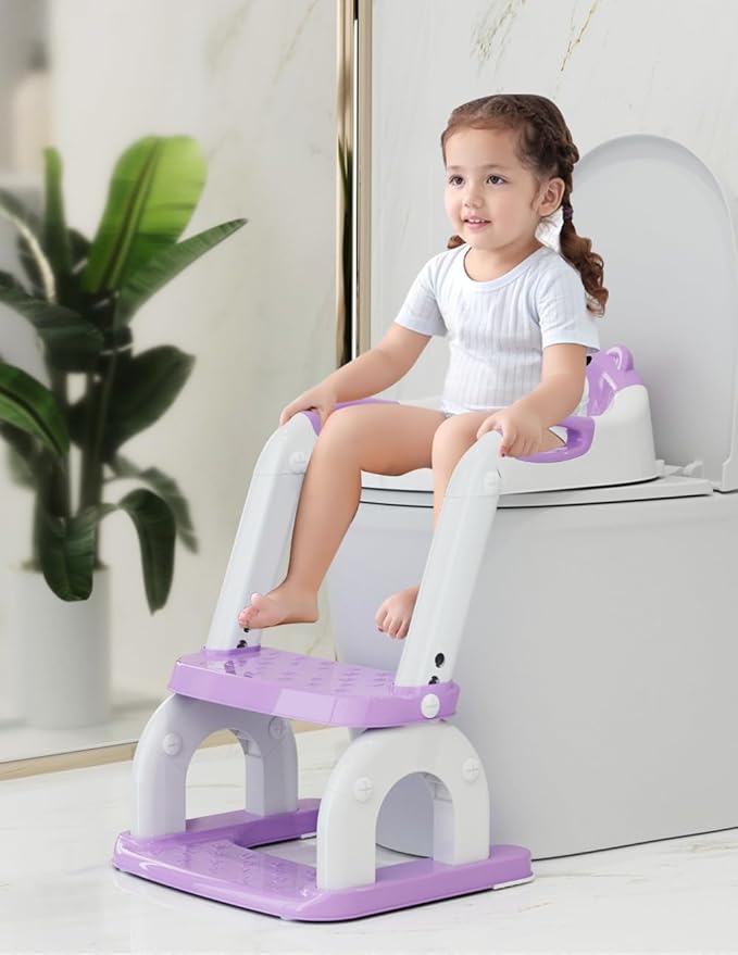 Potty Training Seat with Step Stool, Toddler Potty Training Toilet Seat with Non-Slip Step Splash Guard Safety Handles and Waterproof Cushion, 2 In 1 Toddler Potty Seat