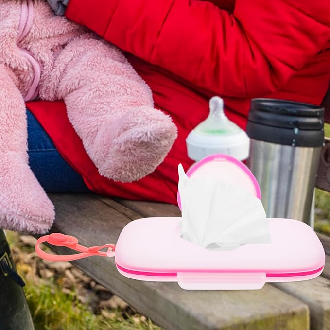 Healifty Baby Wipes Dispenser Box Portable Wet Tissue Pouch Case with Belt Clip for on The Go Lightweight Travel Wipe Holder for Stroller and Diaper Bag Compact Pink