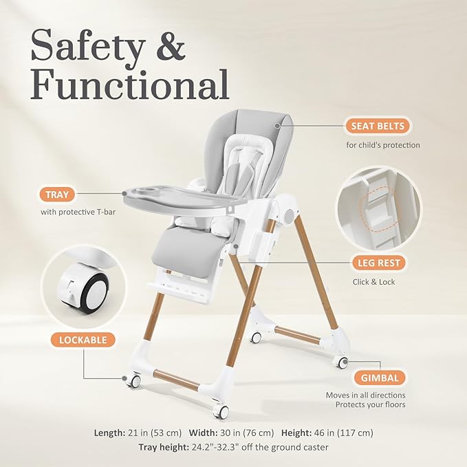 Mallify Foldable High Chairs for Babies and Toddlers, 3-in-1 Convertible Baby High Chair with Removable Soft Cushion and Tray, Adjustable Height & Recline, Lockable Wheels, Ligh Gray