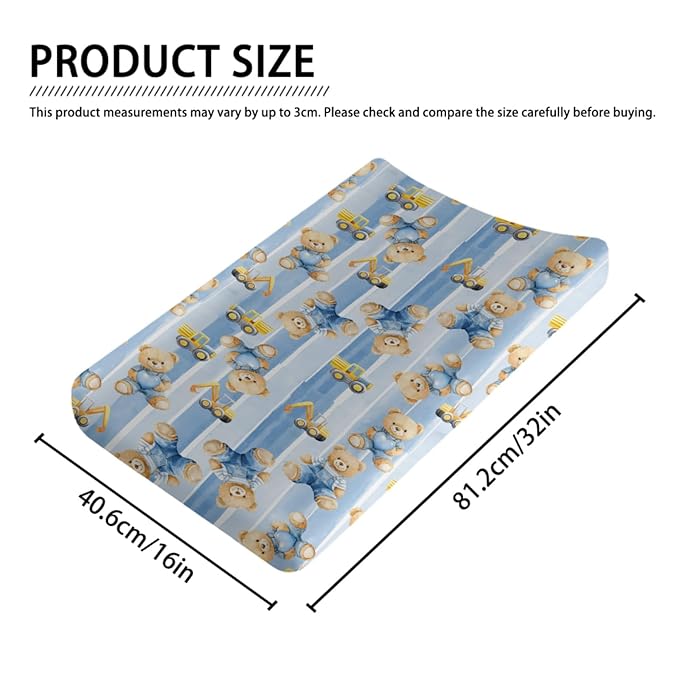Cute Cartoon Bear Heats Construction Trucks Car Stripes Baby Changing Pad Cover, Unisex Bear Nursery Diaper Changing Table Pad Mat Sheet for Boys Girls-16x32