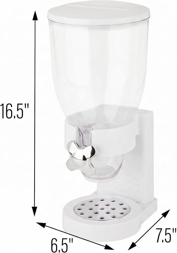 Zevro Indispensable Single Dry Food Dispenser – Countertop Cereal Dispenser with Portion Control, 17.5 oz Capacity, Airtight BPA-Free Food Storage, White/Chrome