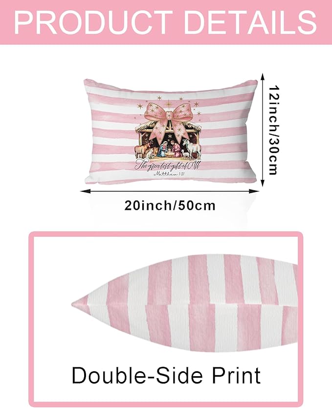 Faith Christmas Pillow Cover 12x20 – Pink Nativity Scene with Bow – Christian Baby Jesus Holiday Throw Pillow for Scripture Decor, Coquette Farmhouse Religious Decorations