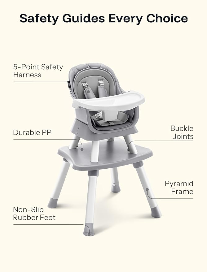 HARPPA Moro 6-in-1 Baby High Chair, Convertible Highchair for Babies and Toddlers, Feeding Booster Seat, Toddler Chair & Activity Table, 5-Point Harness, Dishwasher-Safe Removable Tray, Grey