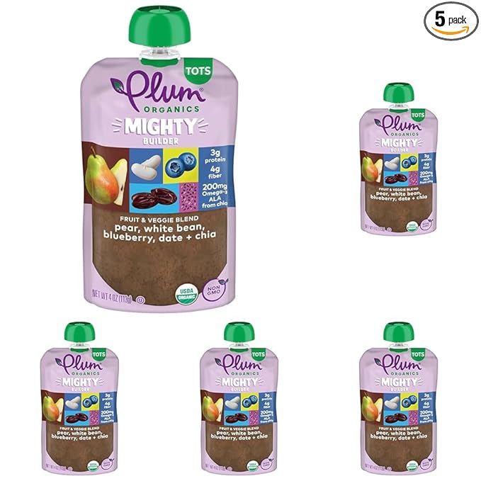 PLUM ORGANICS Organic Mighty Pear Bean Blueberry Date Chia, 4 OZ (Pack of 5)