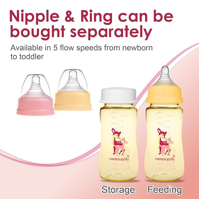 NENESUPPLY 11oz / 330ml 3 pc Wide Mouth PPSU Breastmilk Storage Bottle Breast Pump Bottles Use for Pumping with Spectra S1 S2 Breast Pumps. Replace Spectra Bottles Breastmilk Collection One-piece Cap