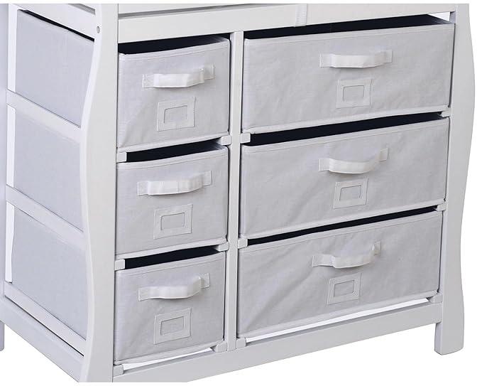 Badger Basket Sleigh Style Baby Changing Table with 6 Storage Drawers and Pad - White
