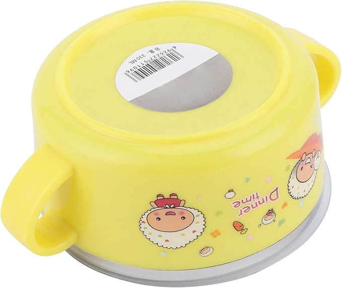 Zerodis 304 Stainless Steel Toddler Bowl with Double Layer Heat Insulation, Cartoon Design, Lid and Handles - Feeding Tableware (Yellow)