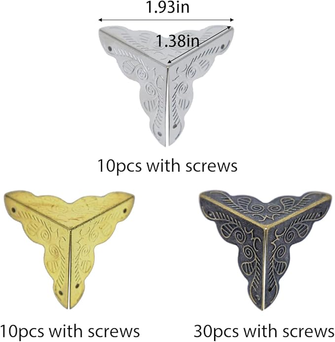 50pcs Furniture Corner Protector, Vintage Corner Decorative Metal Edge Covers Antique Triangle Edge Guard with Mounting Screws for Storage Box Jewelry Case Cabinet Table Wooden Chest