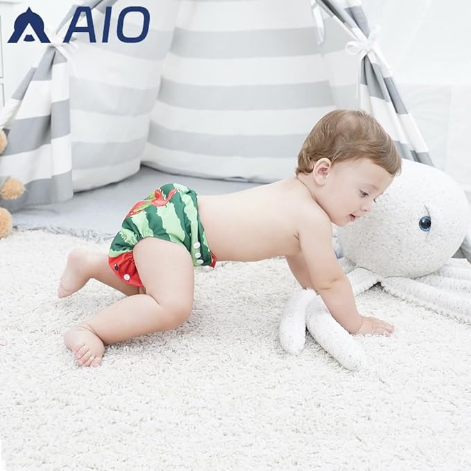 AIO Baby Cloth Diaper 4Pack with 8 Inserts Adjustable Waist Circumference Reusable for Baby Boys and Girls(0-3 Years),One Size Cloth Diaper Covers