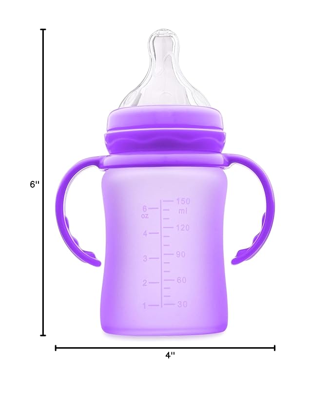 3-in-1 Glass Sippy Cups for Toddlers | Silicone Coated Glass Baby Bottles | Non-Toxic Transition Cup for Baby with Removeable Handles | Baby Straw Cup NB+,3M,6M,12M (Purple, 5 oz)
