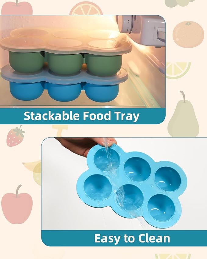 Baby Food Freezer Tray with Lid, 6 x 3 Ounce Silicone Freezer Molds Storage Container for Homemade Baby Food, Breast Milk, Fruit Puree & Vegetables (Blue)