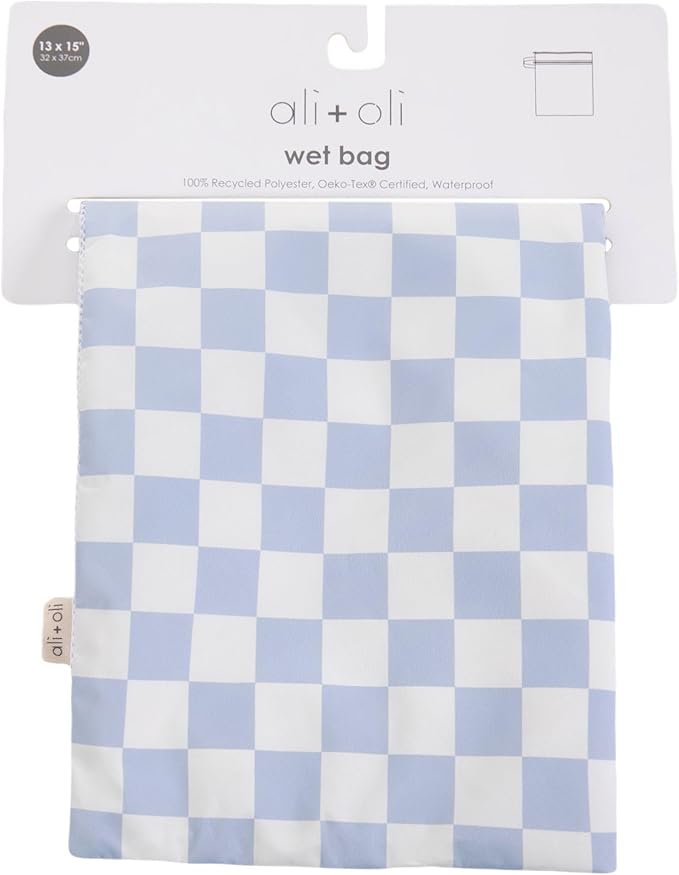 Ali+Oli Water Resistant Dual-Compartment Wet-Dry Bag for Travel, Hook to Stroller, Daycare, Diapers, Diaper Bag, Clutch Bag,15x12 inches (Blue Checkers)