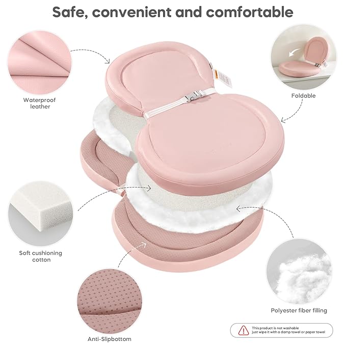 Baby Changing Pad, Waterproof Wipe-Clean Non-Slip Foldable PU Surface with Secure Belt, Ideal for Dresser Station, 24"x16", Pink