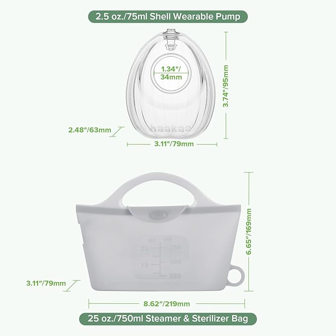haakaa Wearable Silicone Breast Pump with Steriliser Bag, 2-in-1 Hands-Free Passive Breast Milk Catcher for Nursing Mom, Breastfeeding Essentials, 75ml Shell Pumps & 1 Steriliser Bag - Grey