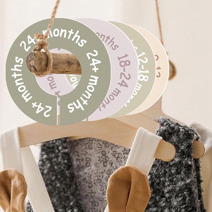 cephira Baby Closet Dividers for Clothes – Earth Tone Round Baby Clothes Dividers for Closet Rod, Nursery Closet Organizer & Decor, Clear Labels for Easy Sorting, Fits Most Rods