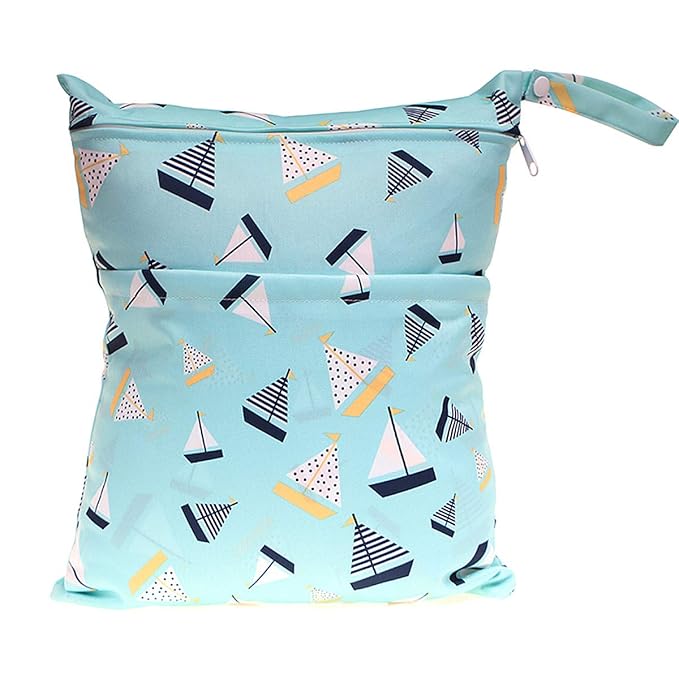 Wet Dry Bag Baby Cloth Diaper Nappy Reusable Washable With Two Zippered Pockets (Sailing Boat)